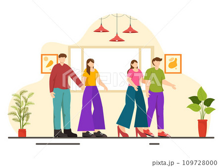 Double Date Vector Illustration with Two Couples who were Eating and Drinking Together in a Restaurant in Flat Cartoon Background Design 109728000