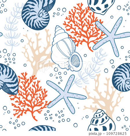 Seamless pattern aquatic creatures seashell conch and starfish 109728625