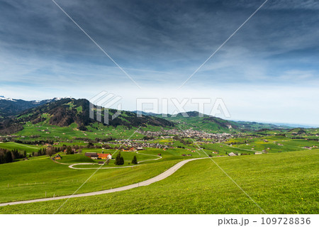 The rolling hills of the Appenzell region in Switzerland with farm houses and green meadows The rolling hills of the Appenzell region in Switzerland with farm houses and green meadows 109728836