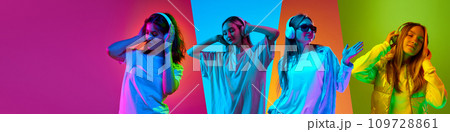 Collage made of different young girl listening to music in headphones over multicolored background in neon light 109728861