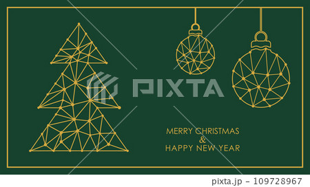 Merry Christmas and happy New Year. Template of a postcard, poster, banner and flyer with a Christmas tree and a festive toy Merry Christmas and happy New Year. Template of a postcard, poster, banner and flyer with a Christmas tree and a festive toy 109728967