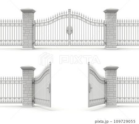Clay render of open and closed iron gate - 3D illustration 109729055
