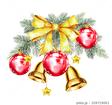watercolor Christmas tree with golden Christmas golden bow, balls, bells, stars, hand drawn sketch of green fir branches with Christmas tree toys, isolated on white background, winter illustration watercolor Christmas tree with golden Christmas golden bow, balls, bells, stars, hand drawn sketch of green fir branches with Christmas tree toys, isolated on white background, winter illustration 109729061