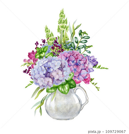 Bouquet of garden flowers in white porcelain jug. Watercolor painted illustration. Garden cut tender flowers in white ceramic vase decor element. Summer tender decorative bouquet. White background 109729067