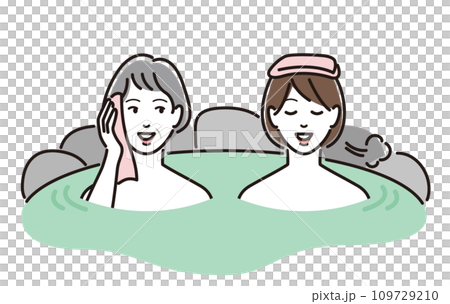 温泉に入る若い女性とシニア女性 109729210