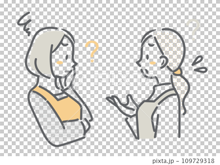 悩む二人の主婦　シンプルでお洒落な線画イラスト　 109729318