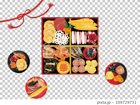 Watercolor style osechi and small plates 109729731
