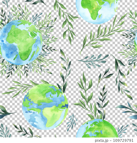 Seamless pattern with watercolor globe and slogan. Environmental conservation, Earth Day concept. Save the planet. Cute ecological hand drawn illustration. Seamless pattern with watercolor globe and slogan. Environmental conservation, Earth Day concept. Save the planet. Cute ecological hand drawn illustration. 109729791