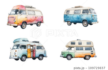 set of watercolor Van and RV car  white background 109729837