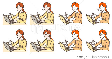 illustration of a woman using a laptop in a coffee shop 109729994