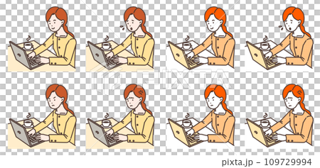 illustration of a woman using a laptop in a coffee shop 109729994