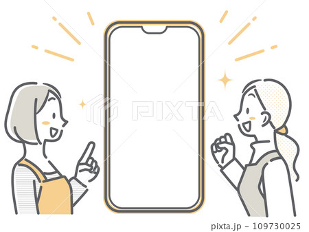 スマホの画面を見ながら喜ぶ二人の主婦　シンプルでお洒落な線画イラスト 109730025
