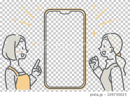 Two housewives are happy while looking at their smartphone screen. Simple and stylish line drawing illustration. Two housewives are happy while looking at their smartphone screen. Simple and stylish line drawing illustration. 109730025