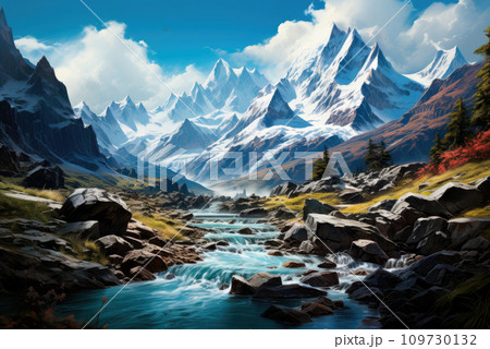 Snow-capped mountain peaks and a river Snow-capped mountain peaks and a river 109730132