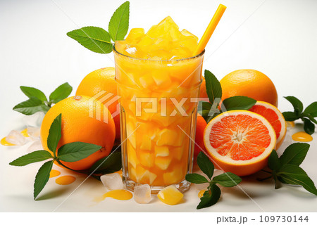 Smoothie or a glass of orange juice with pieces of fruit in a glass 109730144