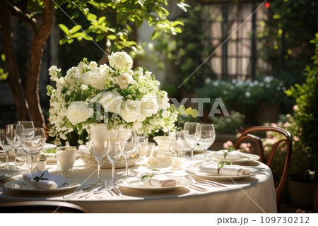 Elegant wedding reception with white table setting, floral arrangement of white flowers 109730212