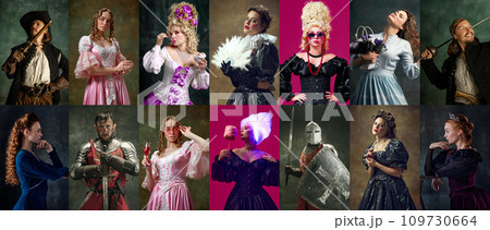 Collage made of portraits of medieval royal person, queen, princess, knight and pirate posing against dark vintage and pink background Collage made of portraits of medieval royal person, queen, princess, knight and pirate posing against dark vintage and pink background 109730664