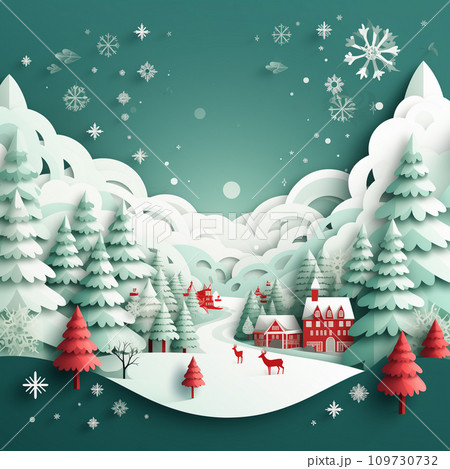 Christmas tree papercut style illustration Winter collection, painting, wet, gift, ginger bread, sky Generative AI white background 109730732
