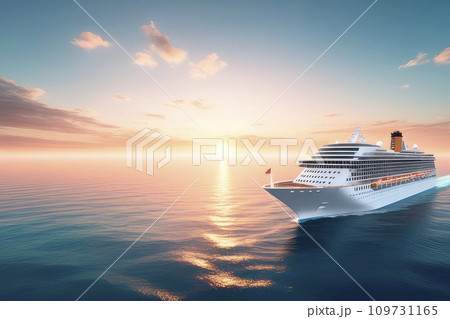 Luxury cruise ship sailing to port on sunrise. Trending color concept of the year 2024 Peach Fuzz. 109731165