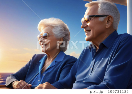 Portrait happy senior people smile relaxing on private luxury yacht in the sea sun rises. 109731183