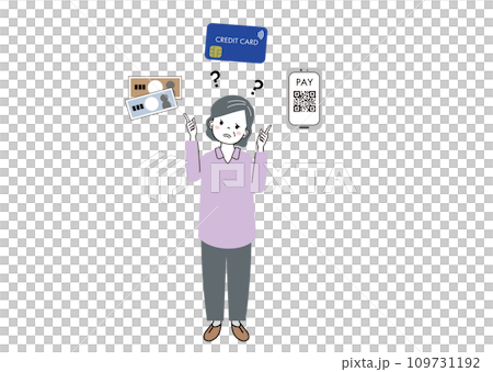 現金、コード決済、クレジットカード払い、どの方法で支払ったらよいのかわからず困っている高齢女性 109731192