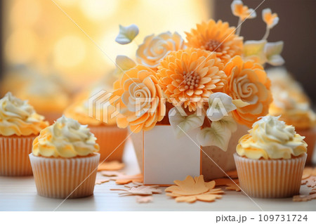 Cupcake bar decorated by flowers standing of festive table with deserts Cupcake bar decorated by flowers standing of festive table with deserts 109731724