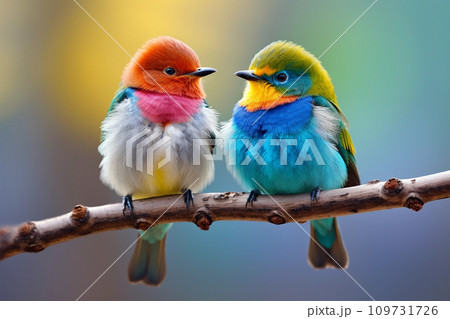 Couple of colorful bird, sitting together on branch in sunset 109731726
