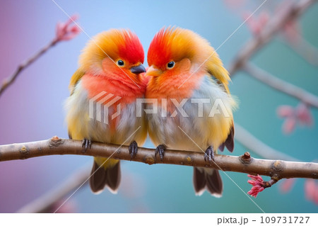 Couple of colorful bird, sitting together on branch in sunset 109731727