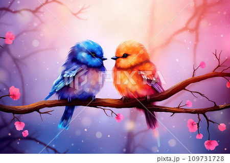 Couple of colorful bird illustration, sitting together on branch in sunset Couple of colorful bird illustration, sitting together on branch in sunset 109731728
