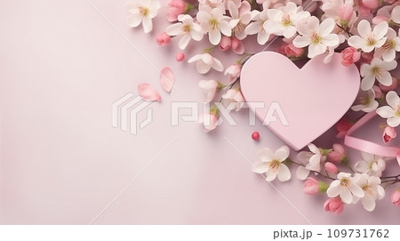Heart giftbox and white daisy flower, copyspace, on Pastel pink background Generative AI 109731762