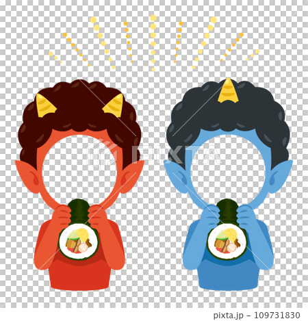 Upper body illustration of red demon and blue demon eating ehomaki 109731830