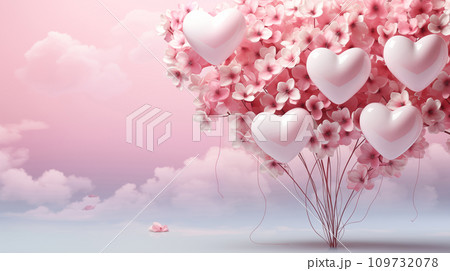 Floating pink heart balloon and flower background, white and pink pastel, realisticphoto, Happy Valentine day romantic day Generative AI 109732078
