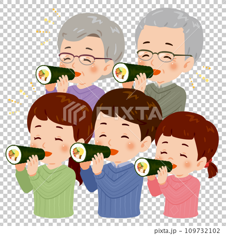 恵方巻きを食べる笑顔の家族2　上半身 109732102