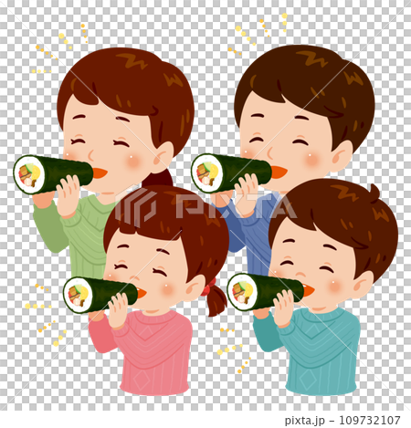 微笑的父母和孩子吃 ehomaki，上半身 109732107