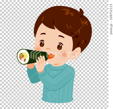 Boy eating ehomaki, upper body Boy eating ehomaki, upper body 109732115