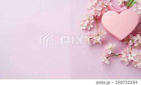 Happy Valentine day Pink Heart giftbox with white sakura flower, top view, copyspace, daytime, pastel pink background 109732284
