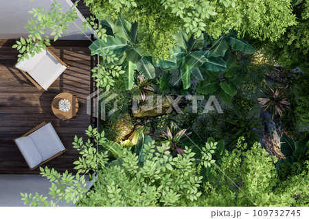 Top view of modern contemporary style wooden terrace 3d render Top view of modern contemporary style wooden terrace 3d render 109732745