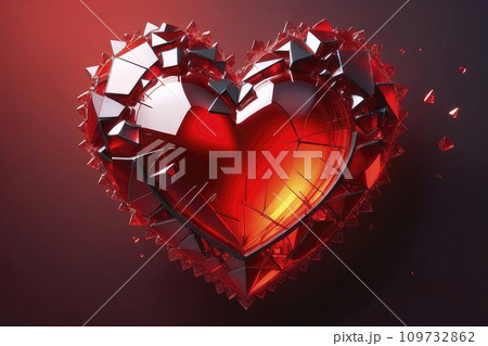 Broken glass glowing ruby heart on dark background. Broken glass glowing ruby heart on dark background. 109732862