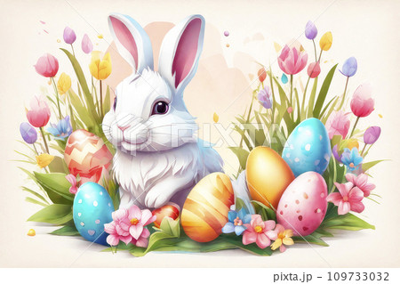 Happy easter greeting card with bunny, colourful eggs and flowers. Watercolor. Happy easter greeting card with bunny, colourful eggs and flowers. Watercolor. 109733032