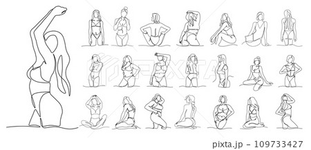One line women set. Outline girls in different poses. Various female models in underwear and swimsuit, isolated decor elements, Sexy plus size nude figures collection. Vector isolated illustration One line women set. Outline girls in different poses. Various female models in underwear and swimsuit, isolated decor elements, Sexy plus size nude figures collection. Vector isolated illustration 109733427