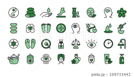 Health wellbeing icon. Nutrition exercise. Relax balance. Massage solid spa. Self mental comfort. Stress mind relaxation. Mindfulness and care. Beauty procedure. Vector tidy linear green symbols set 109733442