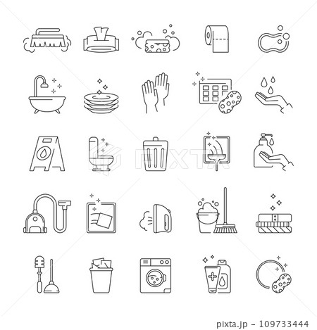 Home clearing. Housekeeping icon. Laundry laying out. Washing rope mop with bucket. Mopping room. Smooth housework. Cobweb vacuum cleaner. Web brush services. Vector cleaning garish pictograms set 109733444