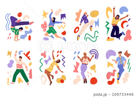 People on abstract background. Young men and women in different active poses. Business allegory, concept create, geometric figures, graphic idea, metaphor shape. Vector illustration fun garish element People on abstract background. Young men and women in different active poses. Business allegory, concept create, geometric figures, graphic idea, metaphor shape. Vector illustration fun garish element 109733448