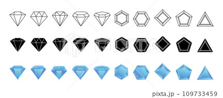 Gemstone logo. Precious gem icons. Crystal geometric star and jewel shapes elements. Sparkle stones. Expensive jewelry. Faceted carat. Treasure sapphire. Black onyx. Vector garish design symbols set 109733459