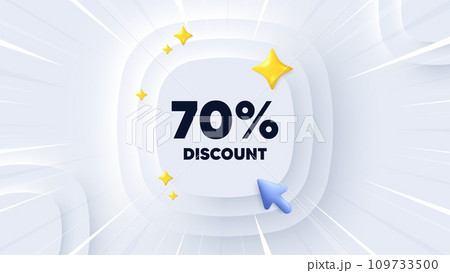 70 percent discount tag. Neumorphic banner with sunburst. Sale offer price sign. Special offer symbol. Discount message. Banner with 3d cursor. Circular neumorphic template. Vector 109733500