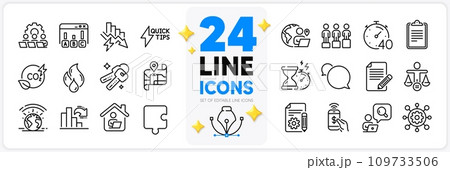 Icons set of Outsource work, Teamwork and Saving electricity line icons pack for app with Puzzle, Greenhouse, Hourglass timer thin outline icon. Map, Work home, Clipboard pictogram. Vector Icons set of Outsource work, Teamwork and Saving electricity line icons pack for app with Puzzle, Greenhouse, Hourglass timer thin outline icon. Map, Work home, Clipboard pictogram. Vector 109733506