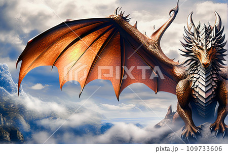 A dragon with wings on a mountain top, a symbol of 2024 according to the Chinese calendar. Year of the Dragon. Image with space for text and copy space A dragon with wings on a mountain top, a symbol of 2024 according to the Chinese calendar. Year of the Dragon. Image with space for text and copy space 109733606