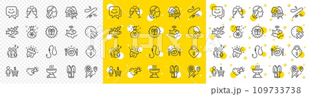 Outline Buyer, Surprise gift and Santa sack line icons pack for web with Smile face, Fishing rod, Fish school line icon. Love message, Flight sale, Grill pictogram icon. Home grill. Vector 109733738