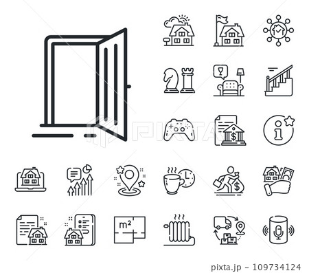 Entrance doorway sign. Floor plan, stairs and lounge room outline icons. Open door line icon. Building entry symbol. Open door line sign. House mortgage, sell building icon. Real estate. Vector 109734124