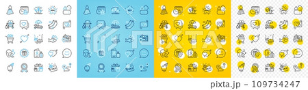 Vector icons set of Surprise boxes, Dress and Gas grill line icons pack for web with Journey, Gps, Sleep outline icon. Sunbed, Smile chat, Passport pictogram. Bumper cars, Fish, Ice cream. Vector 109734247